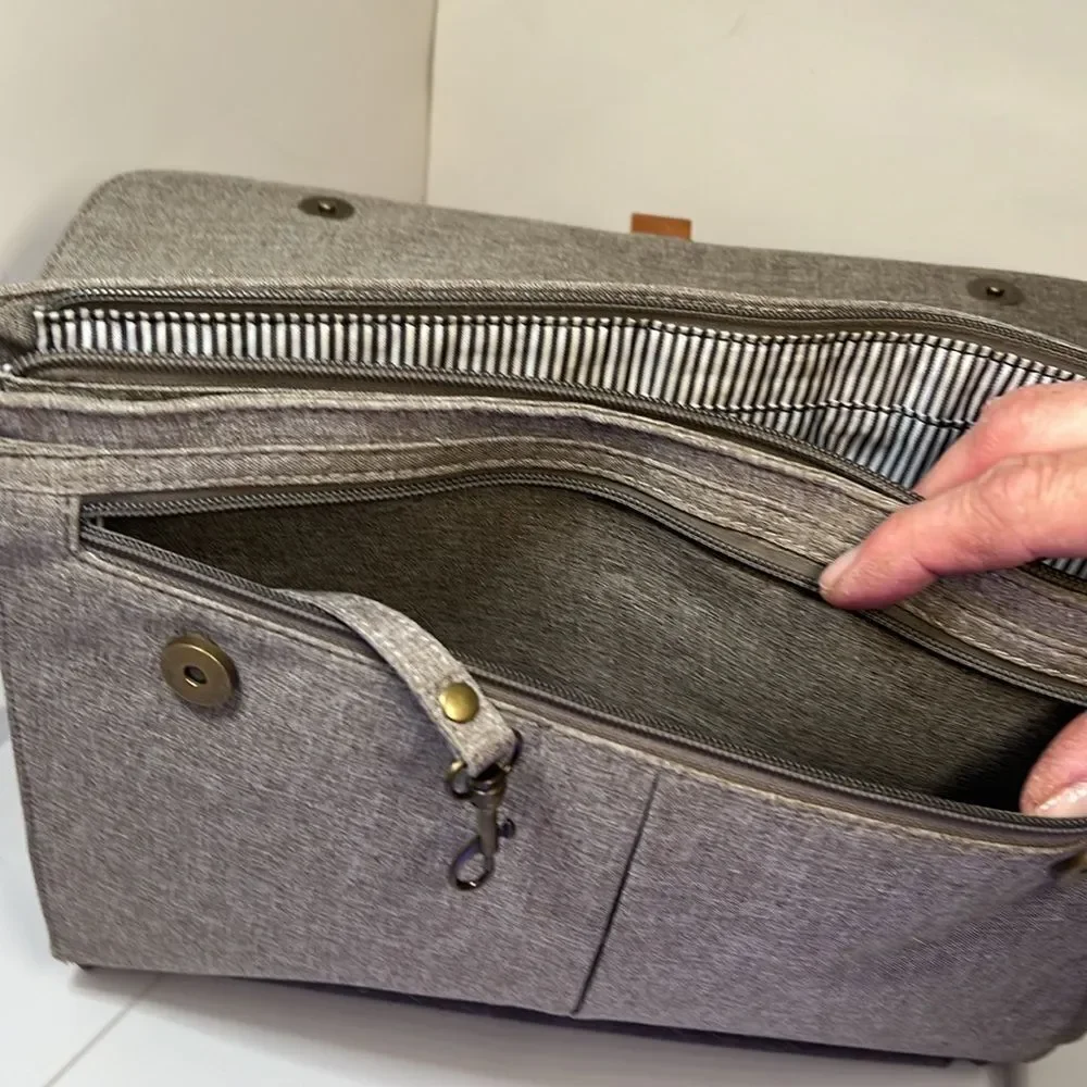 PKG Tablet Case Laptop Bag New w/o Tags Gray with Tobacco Faux Leather Trim